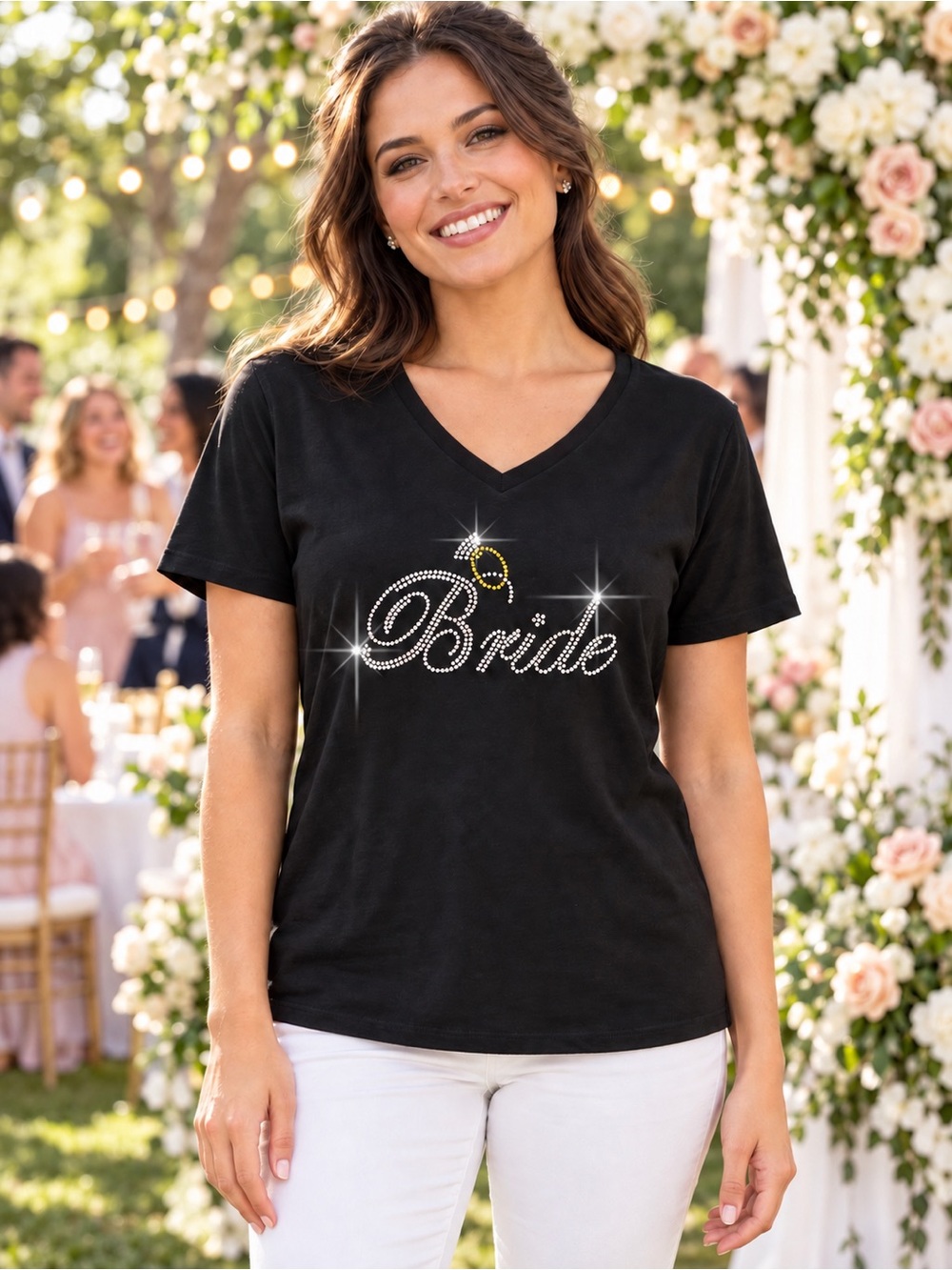 Bride-To-Be Black T-Shirt Rhinestone Words “Bride and Ring” Woman’s Size XL
